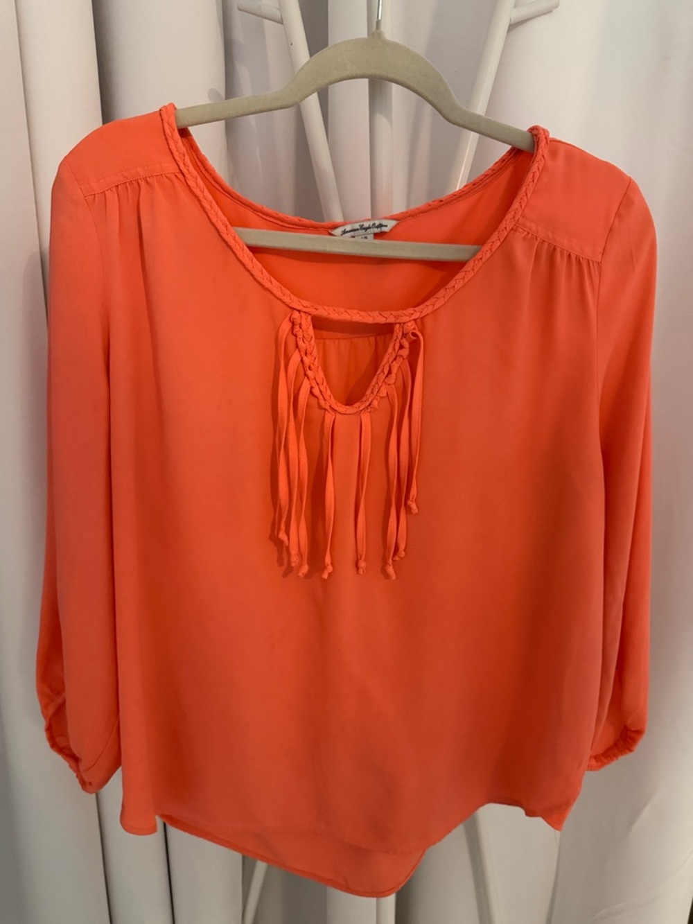 American Eagle Outfitters Coral Braided-Tassel Peasant Blouse